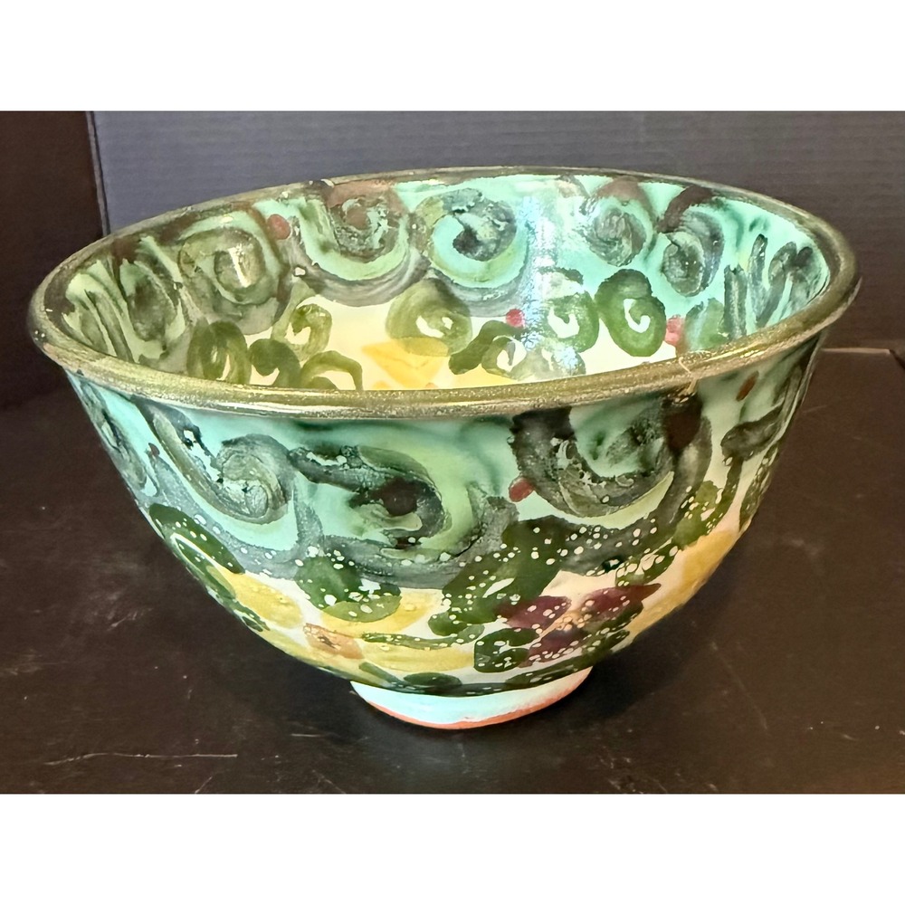 Studio Art Pottery Decorative‎ Bowl Teal Hand Painted Floral Signed Cottage